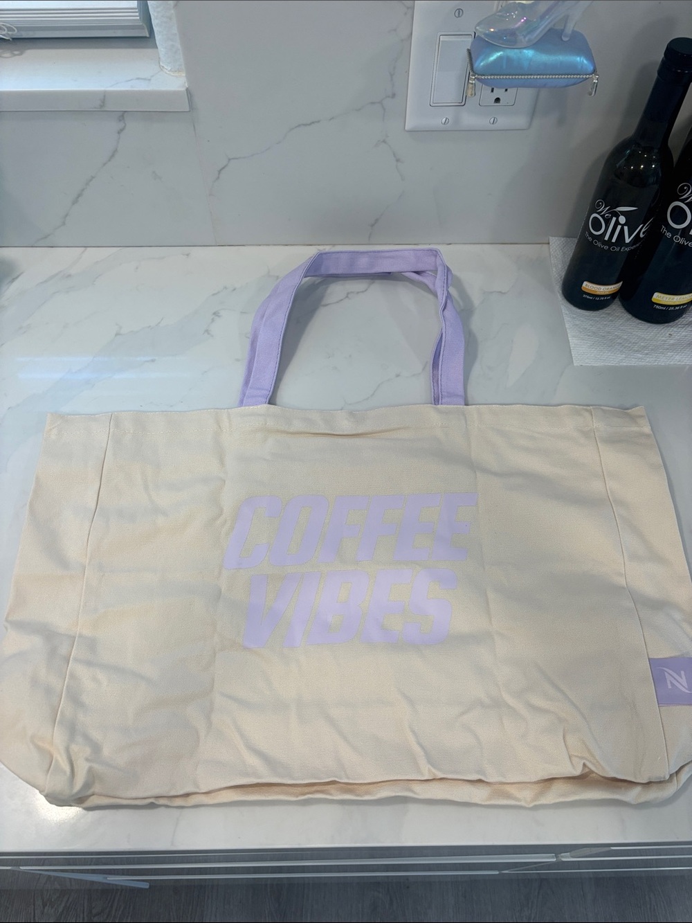 Nespresso COFFEE VIBES Canvas Tote Bag in Cream with Lavender Handles